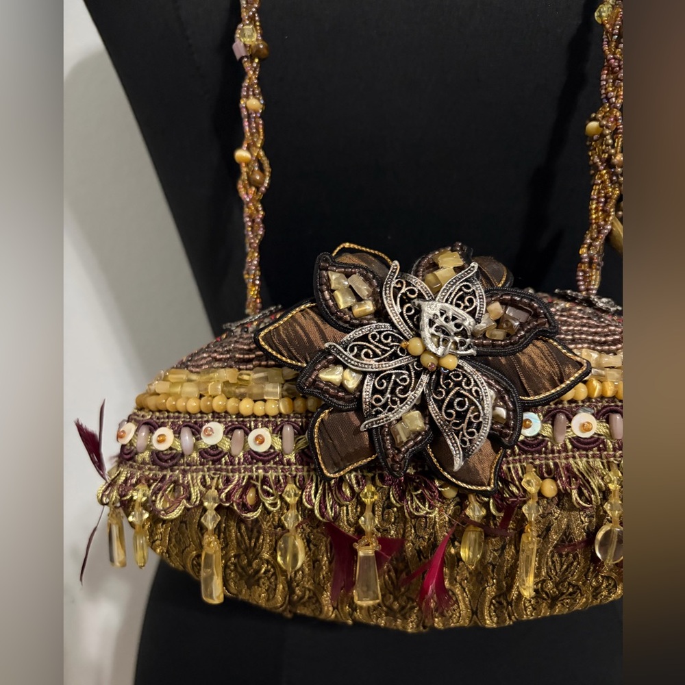 Mary Frances Gold and Burgundy Beaded Fringe Crossbody Clutch - Picture 2 of 16
